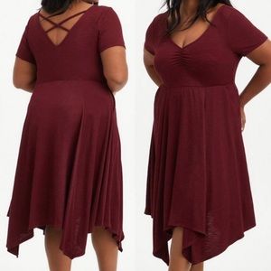 torrid | Dresses | Torrid Burgundy Red Dress 3x Asymmetrical Short Sleeve  Feminine Fit Flare Nwt | Poshmark
